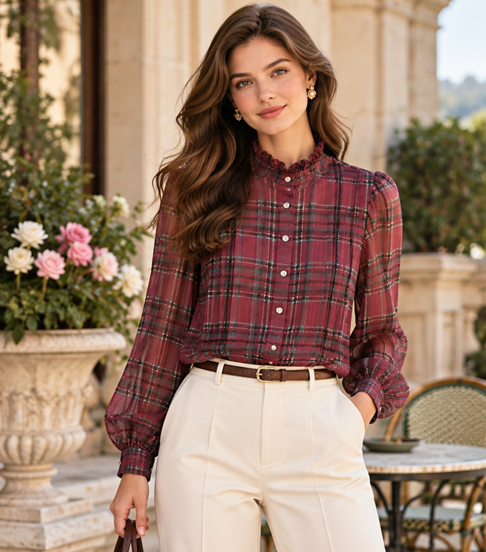 Coach 1941 Silk Plaid Ruffle Neck Blouse Burgundy Sheer Sz 10 Dark Academia Prep